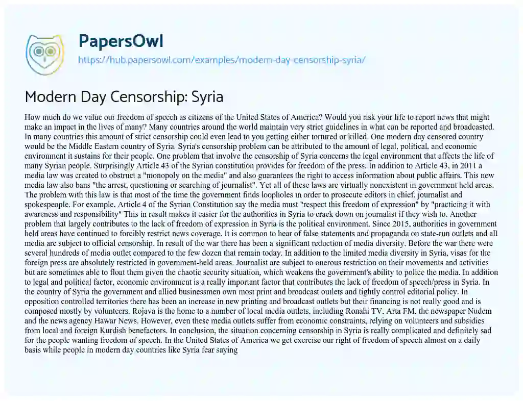 Essay on Modern Day Censorship: Syria
