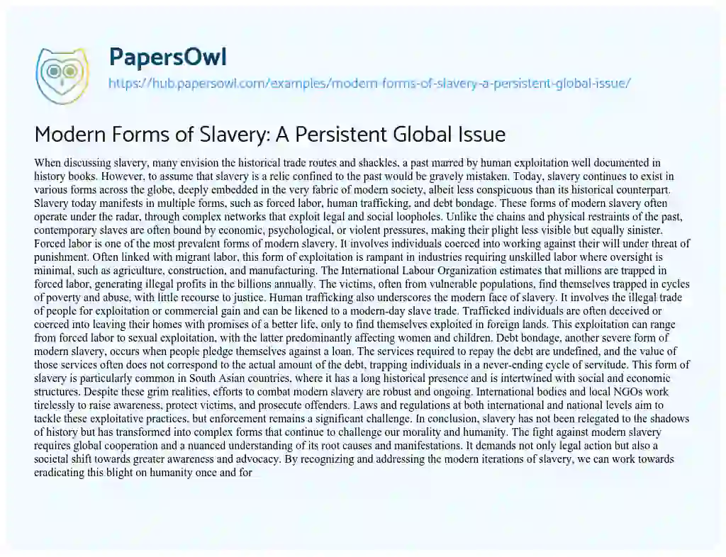 Essay on Modern Forms of Slavery: A Persistent Global Issue