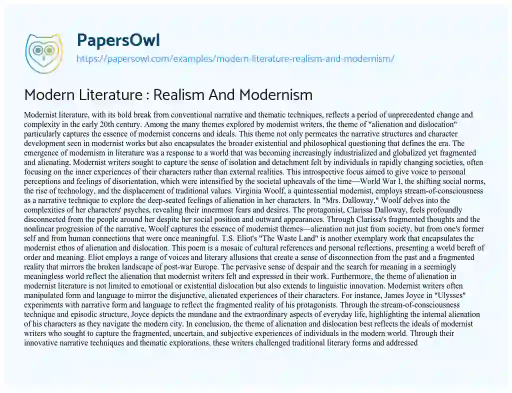 Essay on Modern Literature : Realism And Modernism