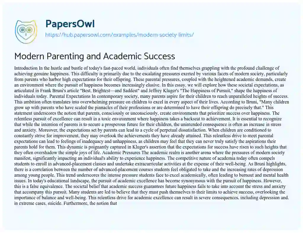 Essay on Modern Parenting and Academic Success