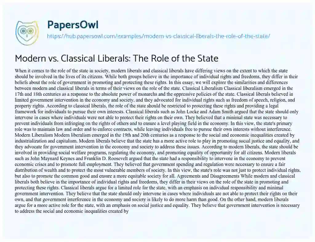 Essay on Modern vs. Classical Liberals: The Role of the State