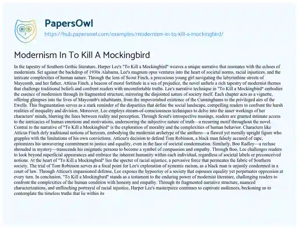 Essay on Modernism In To Kill A Mockingbird