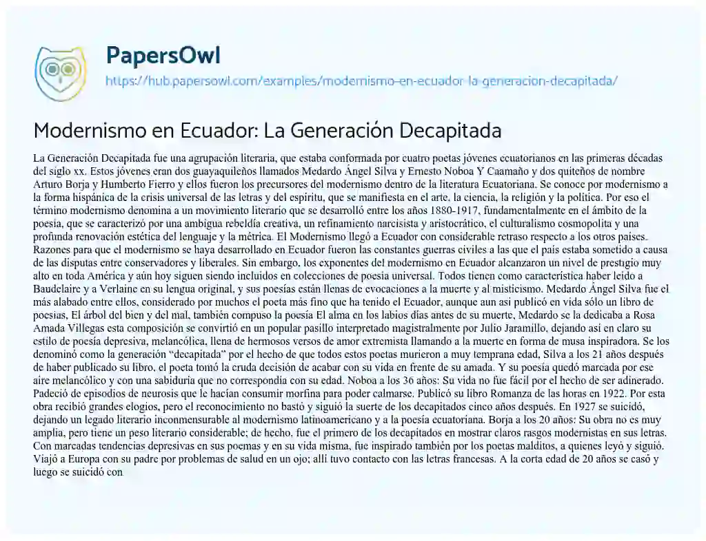 Essay on Modernismo en Ecuador: La Generación Decapitada
