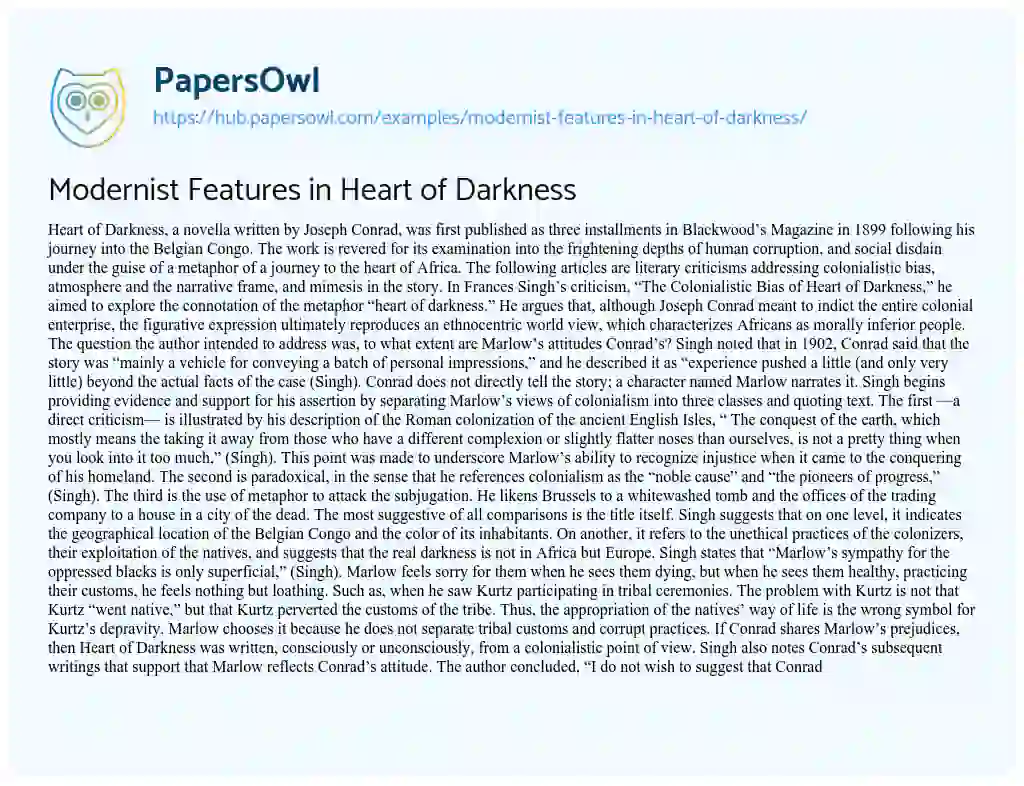 Essay on Modernist Features in Heart of Darkness