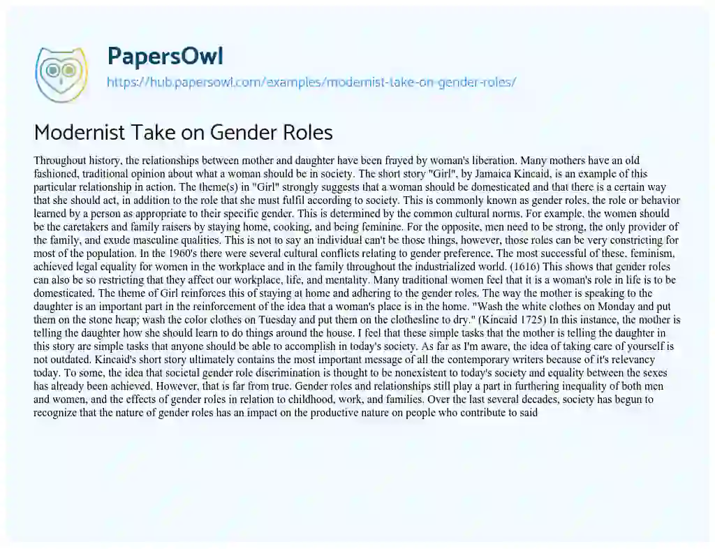 Essay on Modernist Take on Gender Roles