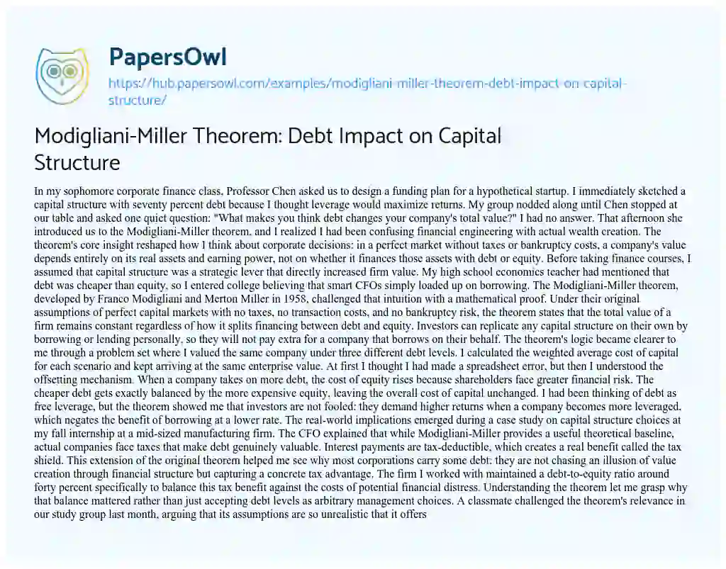 Essay on Modigliani-Miller Theorem: Debt Impact on Capital Structure