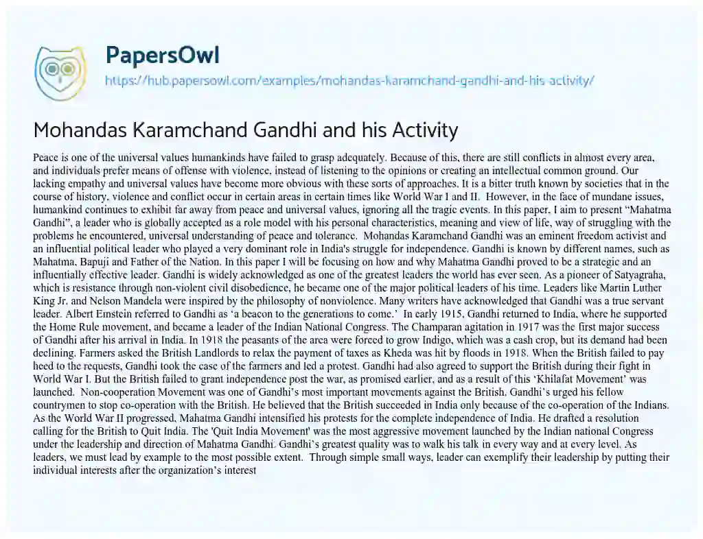 Essay on Mohandas Karamchand Gandhi and his Activity