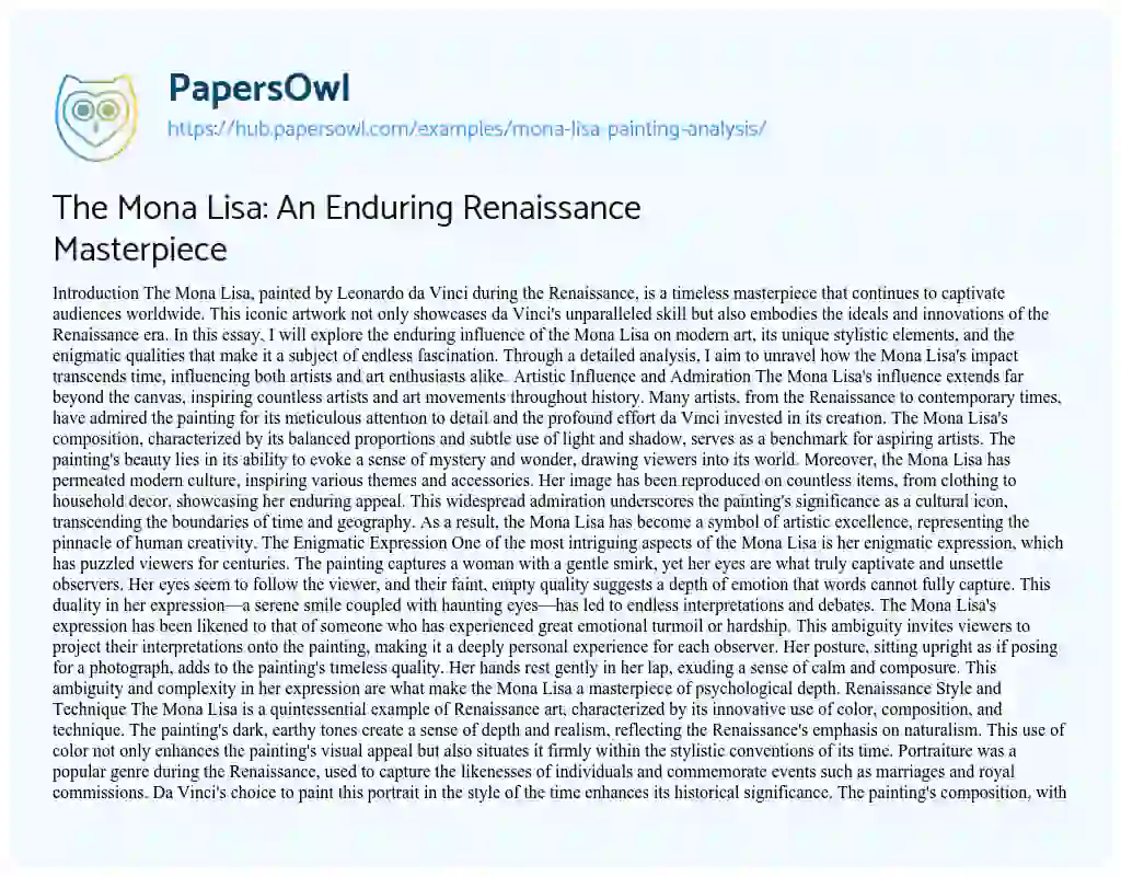 Essay on The Mona Lisa: An Enduring Renaissance Masterpiece