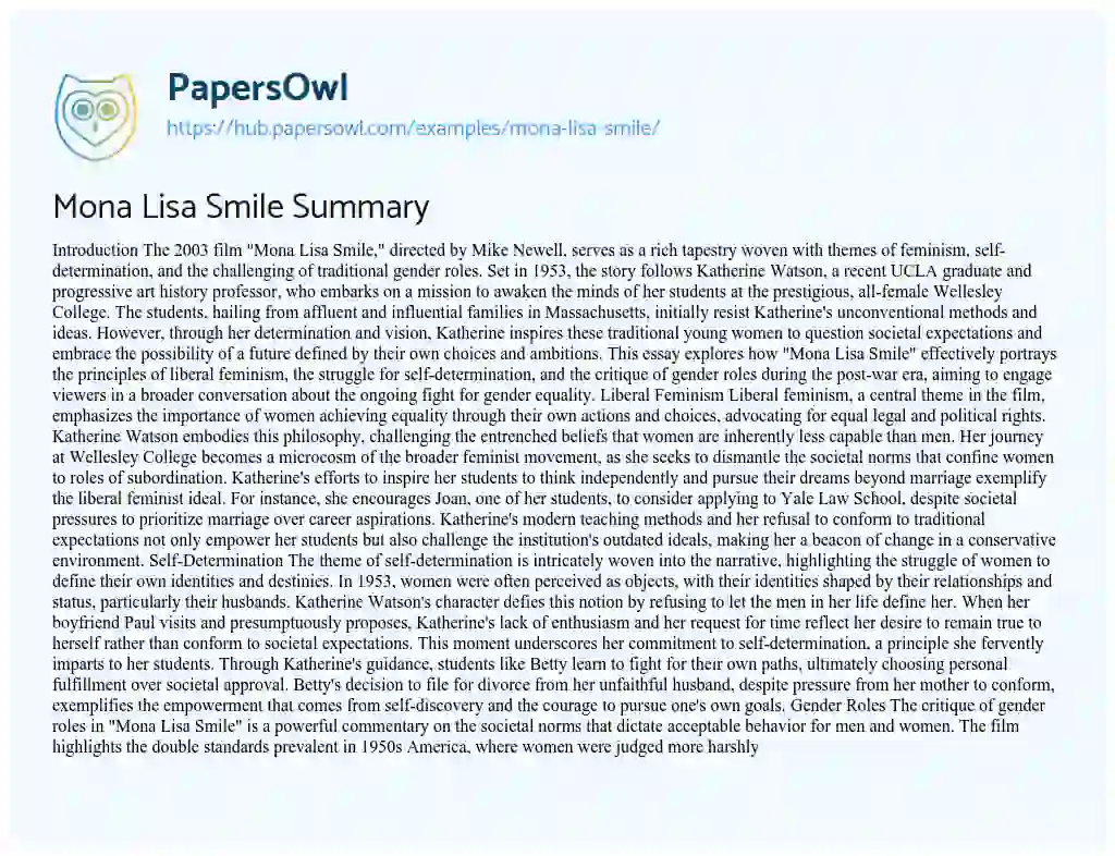Essay on Mona Lisa Smile Summary