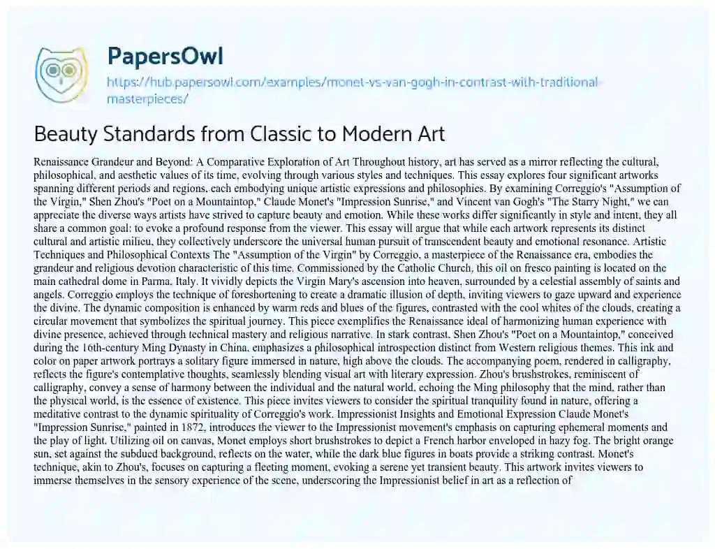 Essay on Beauty Standards from Classic to Modern Art