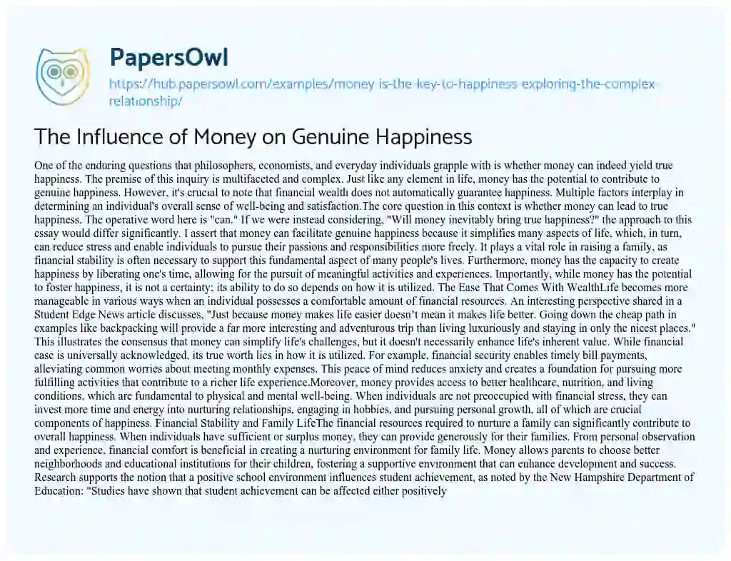 Essay on The Influence of Money on Genuine Happiness