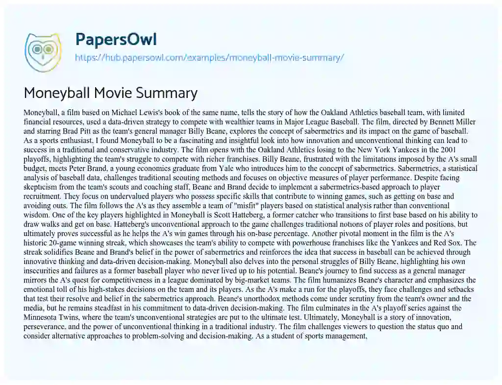 Essay on Moneyball Movie Summary
