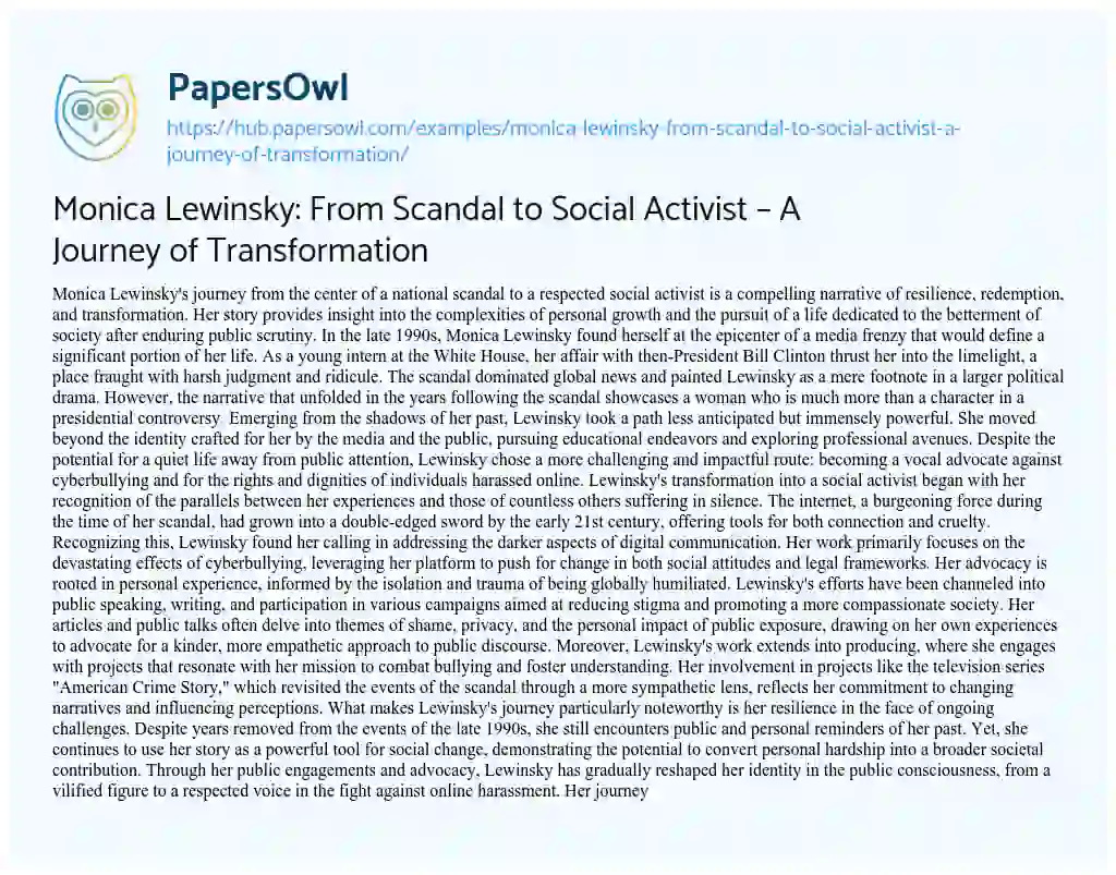 Essay on Monica Lewinsky: From Scandal to Social Activist – A Journey of Transformation