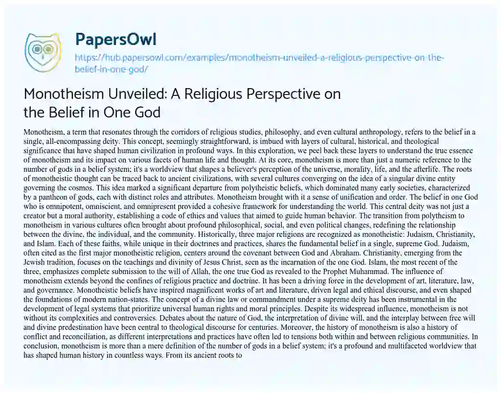 Essay on Monotheism Unveiled: A Religious Perspective on the Belief in One God