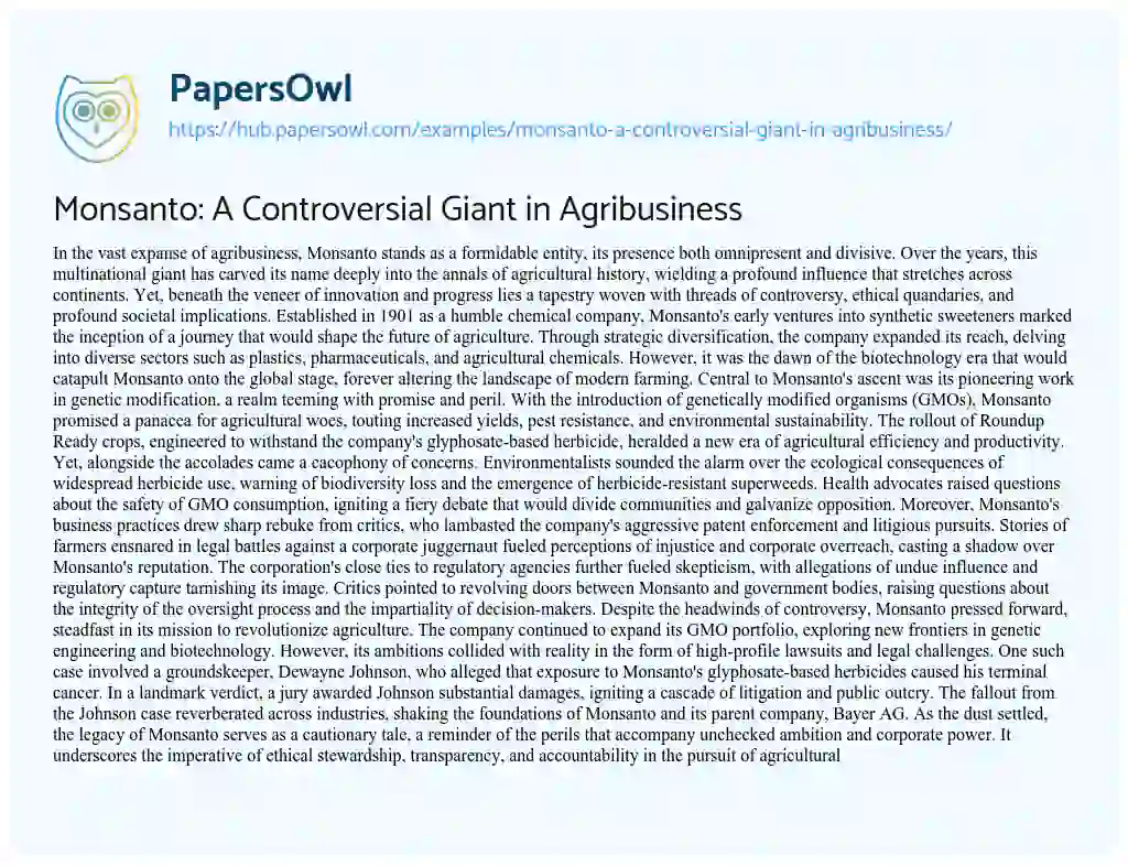 Essay on Monsanto: A Controversial Giant in Agribusiness