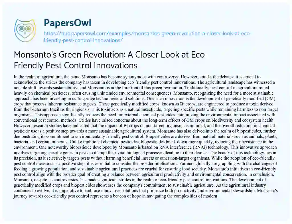Essay on Monsanto’s Green Revolution: A Closer Look at Eco-Friendly Pest Control Innovations