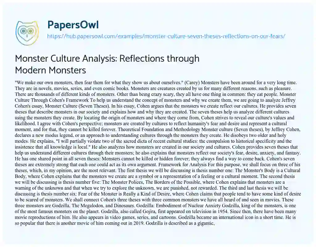 Essay on Monster Culture Analysis: Reflections through Modern Monsters