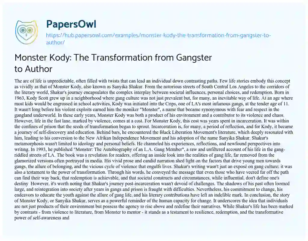 Essay on Monster Kody: The Transformation from Gangster to Author