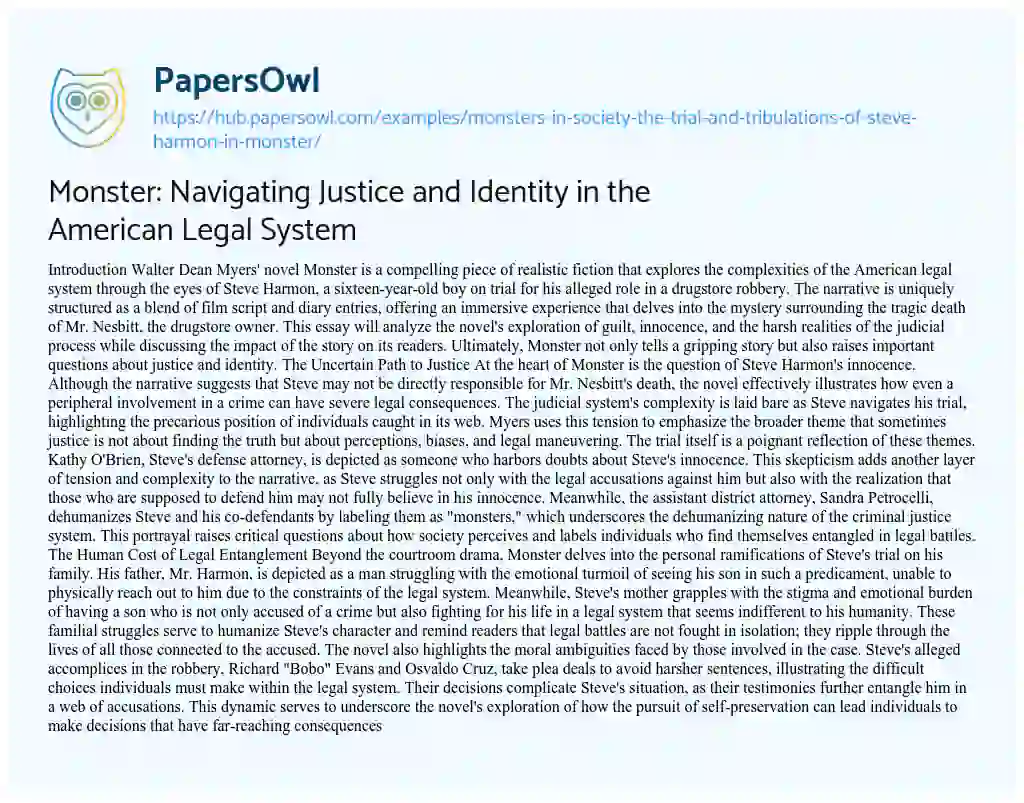 Essay on Monster: Navigating Justice and Identity in the American Legal System