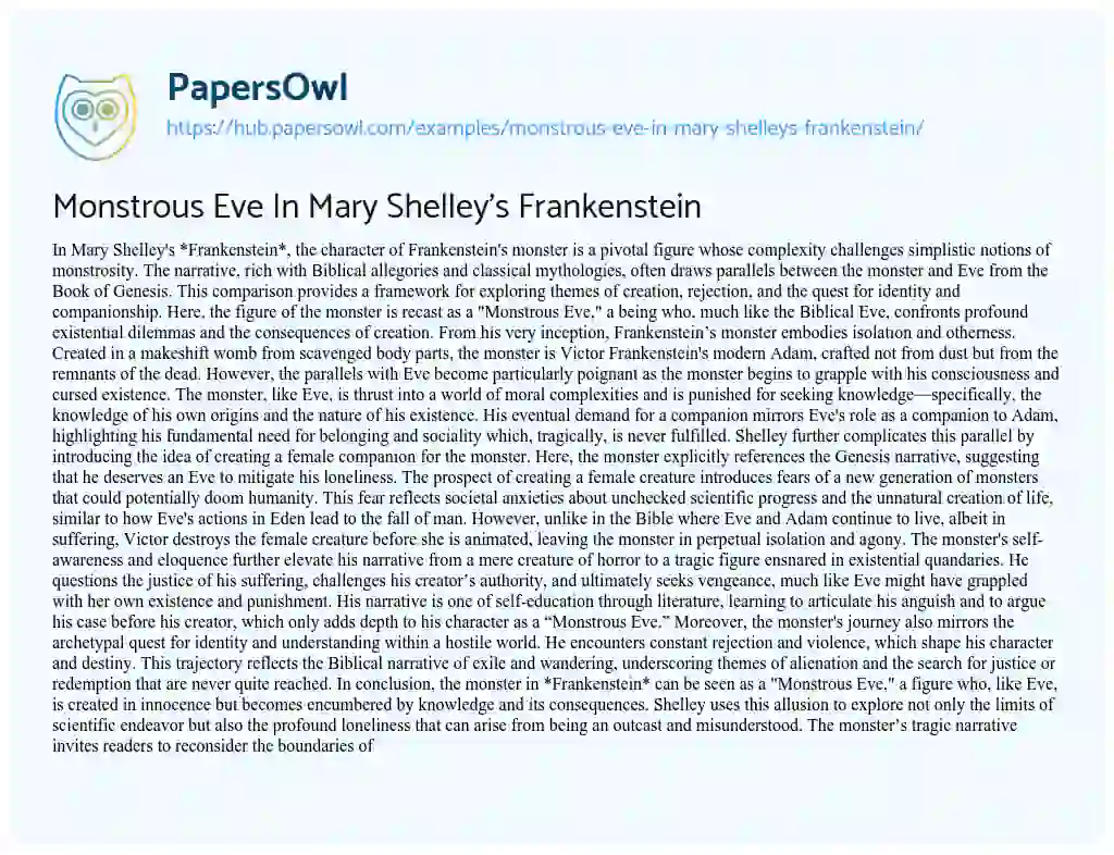 Essay on Monstrous Eve In Mary Shelley’s Frankenstein