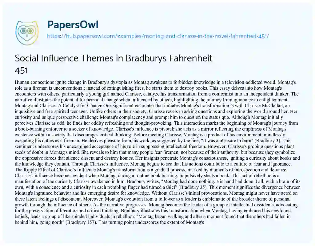 Essay on Social Influence Themes in Bradburys Fahrenheit 451