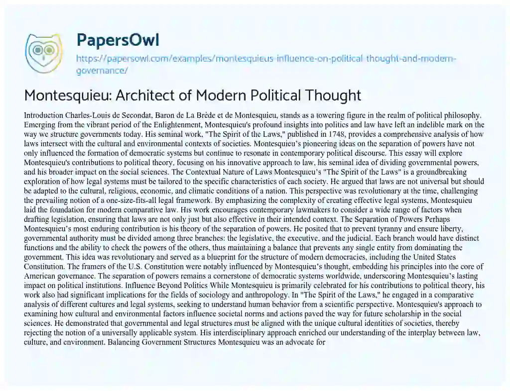 Essay on Montesquieu: Architect of Modern Political Thought