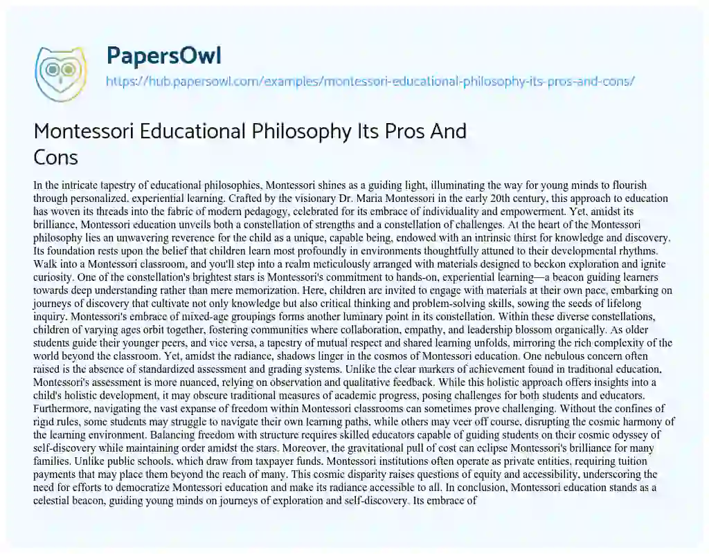 Essay on Montessori Educational Philosophy Its Pros And Cons