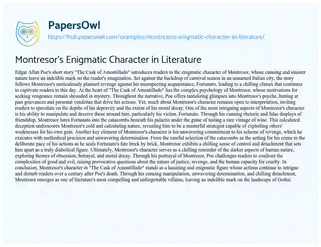 Essay on Montresor’s Enigmatic Character in Literature