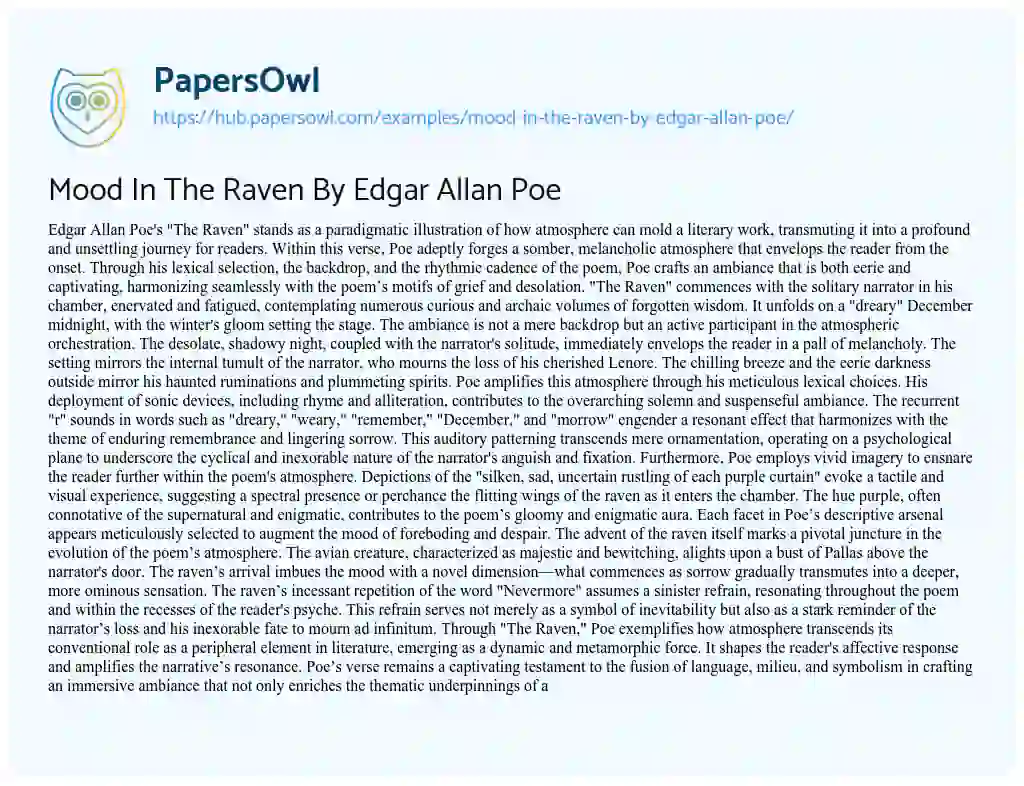 Essay on Mood In The Raven By Edgar Allan Poe