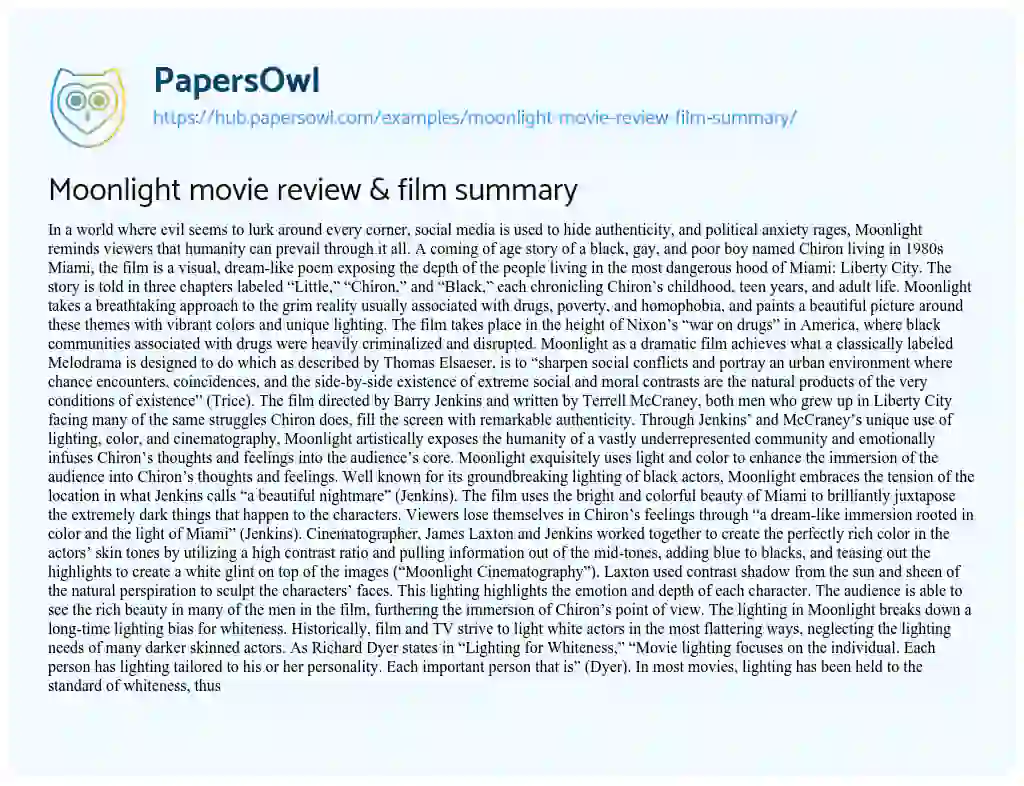 Essay on Moonlight movie review & film summary