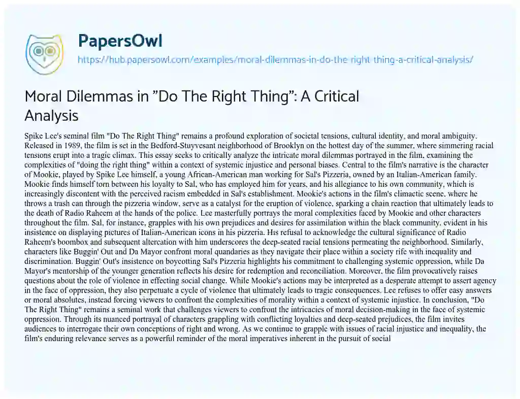 Essay on Moral Dilemmas in “Do The Right Thing”: A Critical Analysis