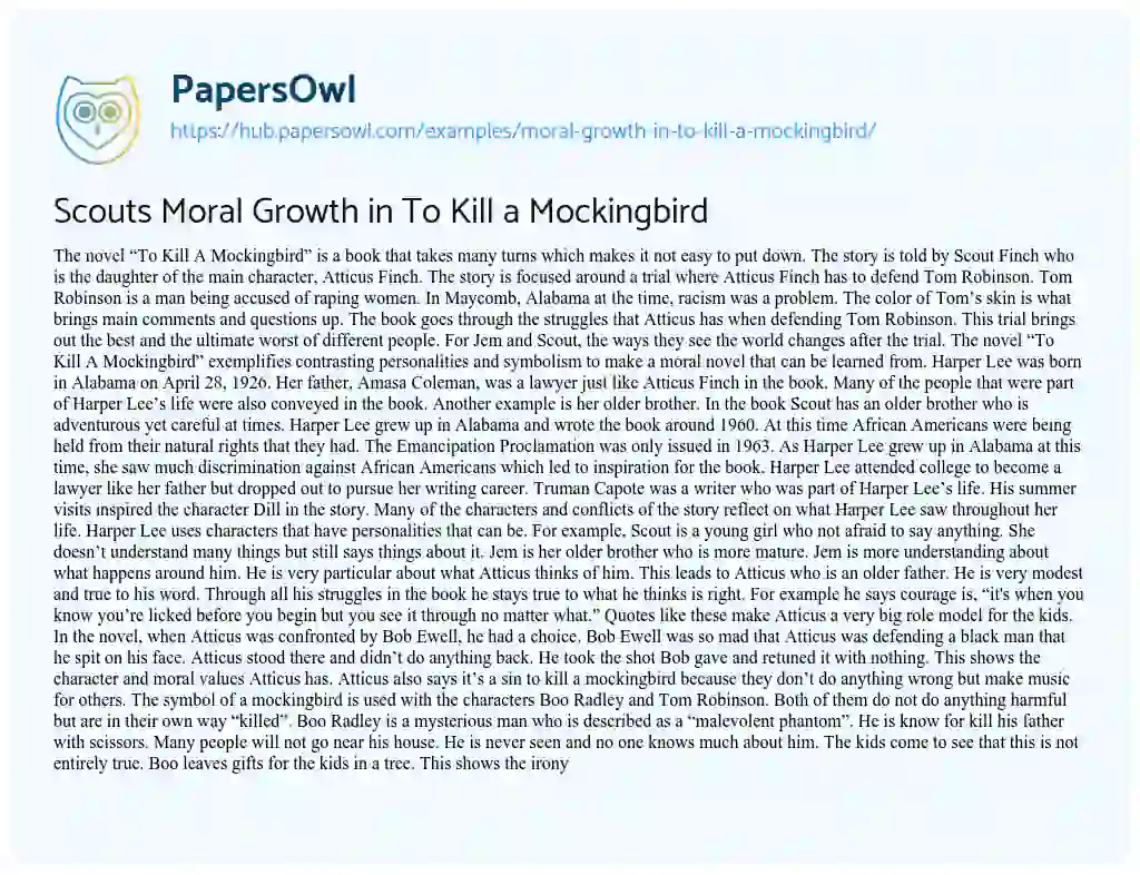 Essay on Scouts Moral Growth in To Kill a Mockingbird