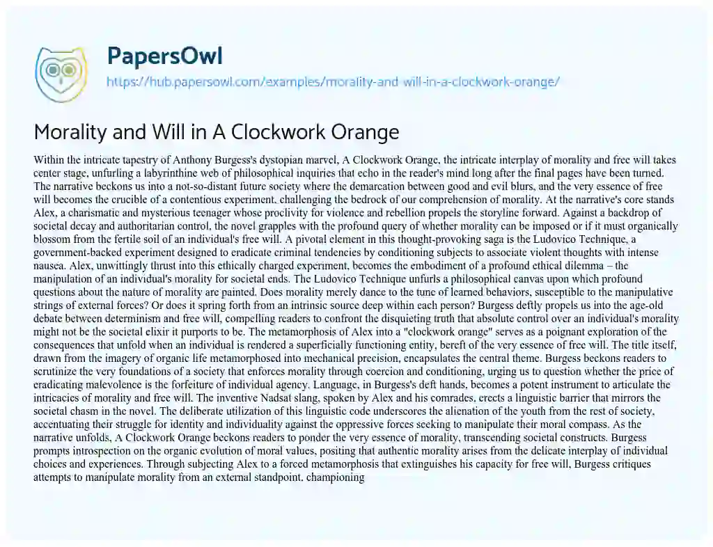 Essay on Morality and Will in A Clockwork Orange