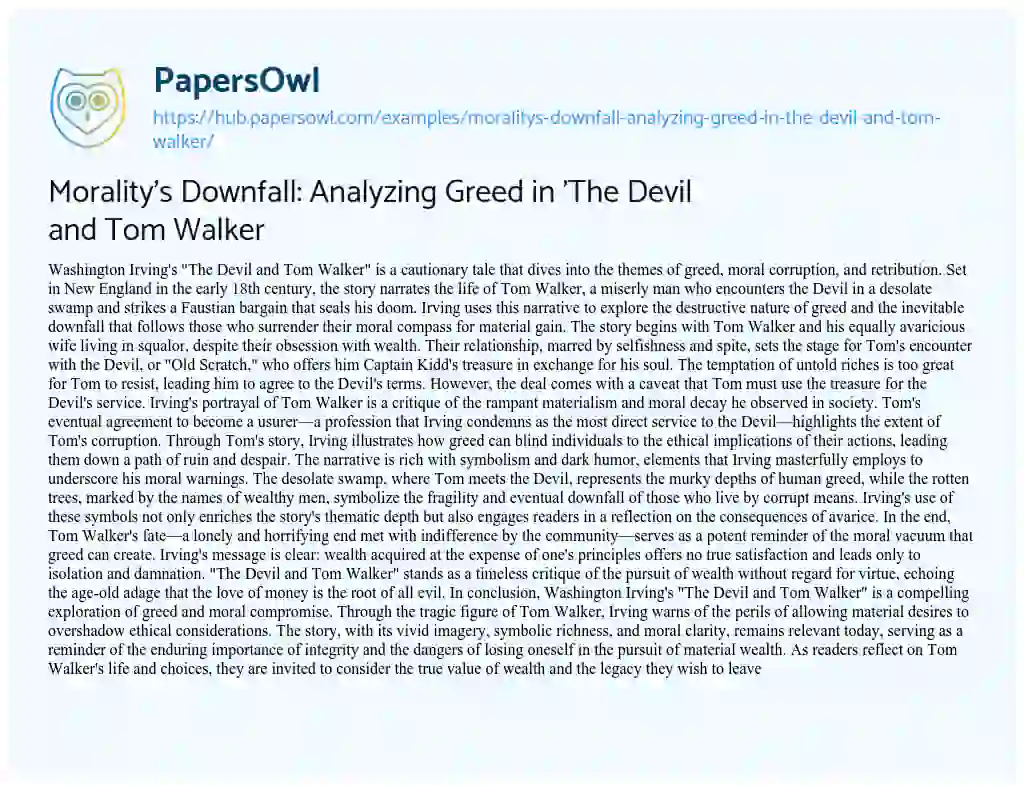 Essay on Morality’s Downfall: Analyzing Greed in ‘The Devil and Tom Walker