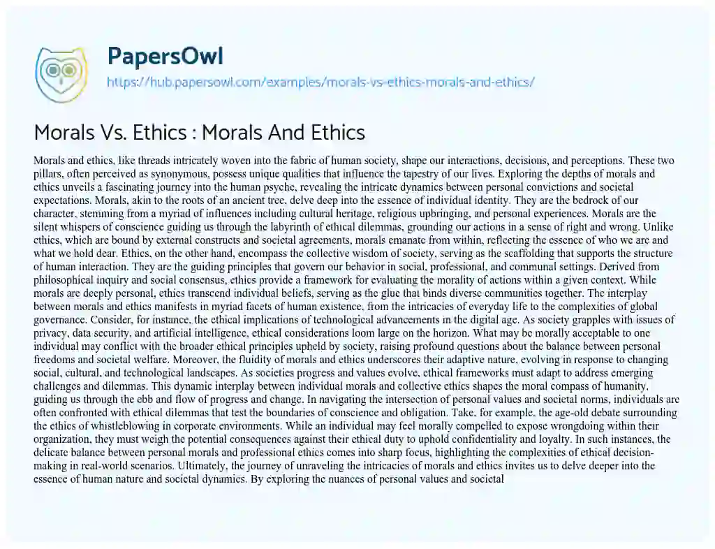 Essay on Morals Vs. Ethics : Morals And Ethics