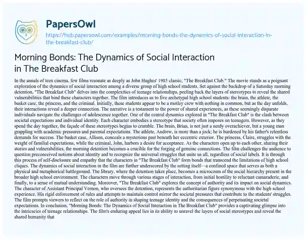 Essay on Morning Bonds: The Dynamics of Social Interaction in The Breakfast Club