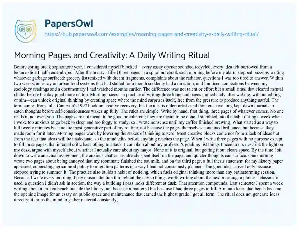 Essay on Morning Pages and Creativity: A Daily Writing Ritual