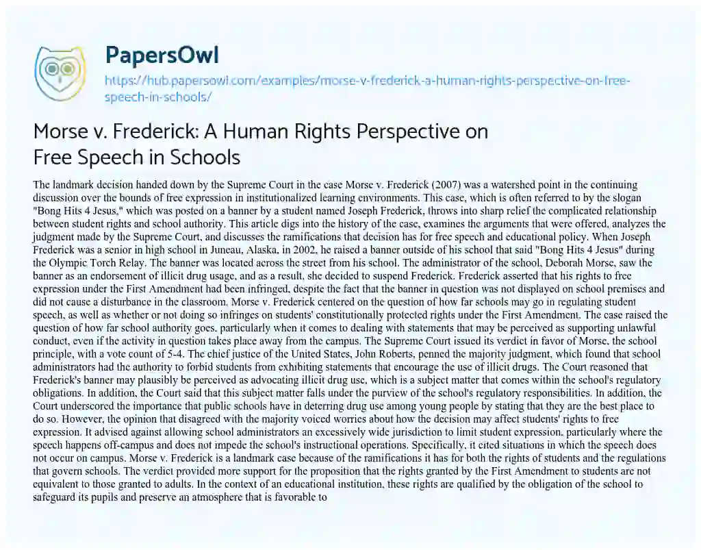 Essay on Morse v. Frederick: A Human Rights Perspective on Free Speech in Schools