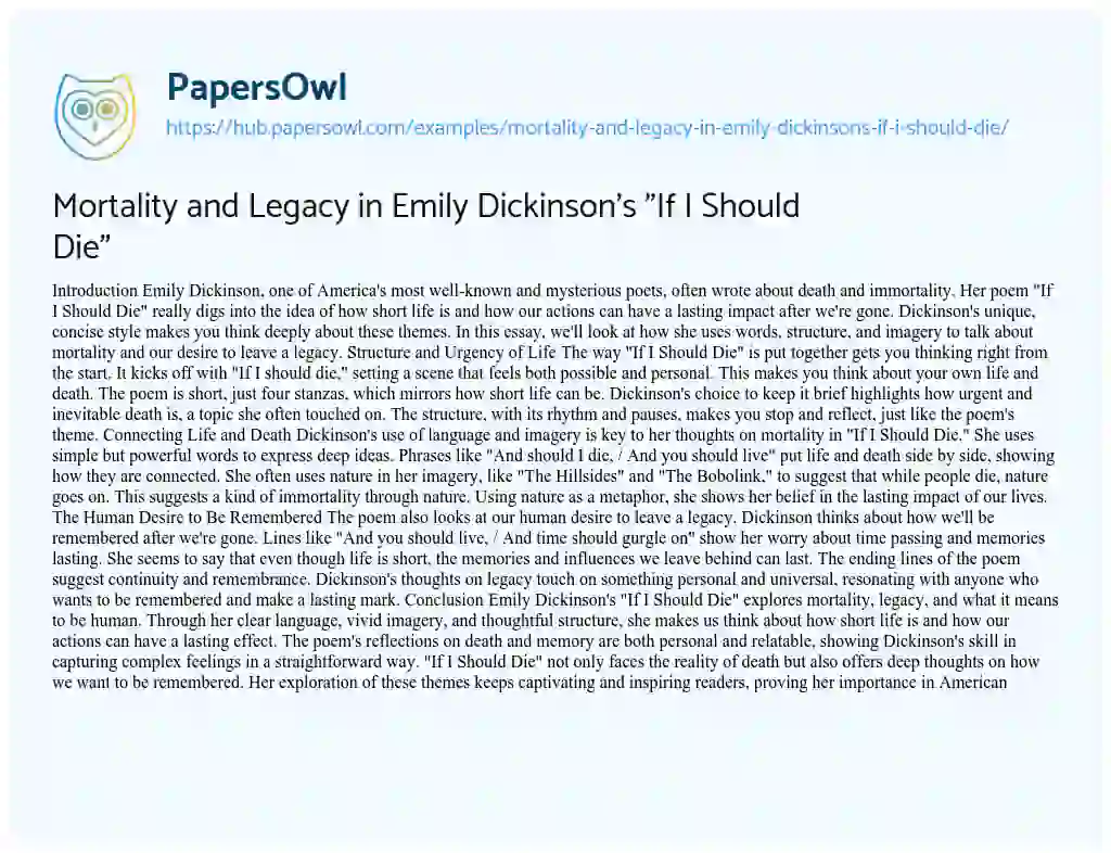 Essay on Mortality and Legacy in Emily Dickinson’s “If I Should Die”