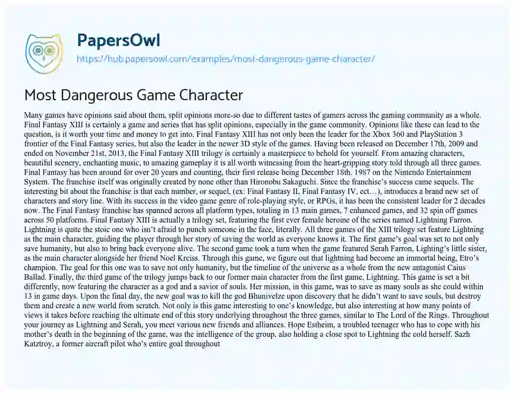 Essay on Most Dangerous Game Character