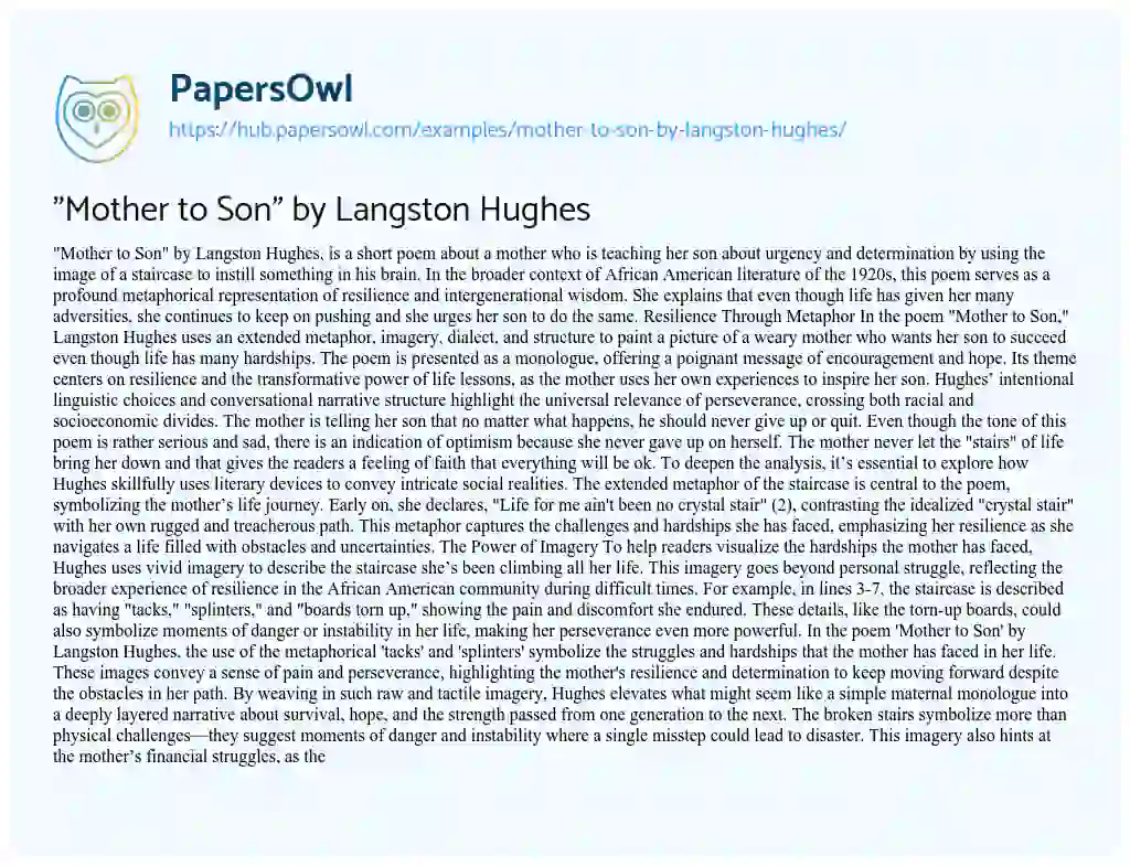 Essay on “Mother to Son” by Langston Hughes