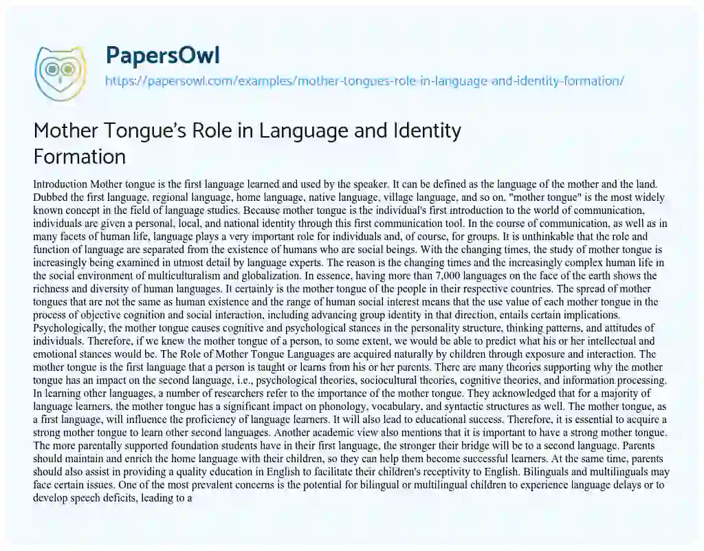 Essay on Mother Tongue’s Role in Language and Identity Formation