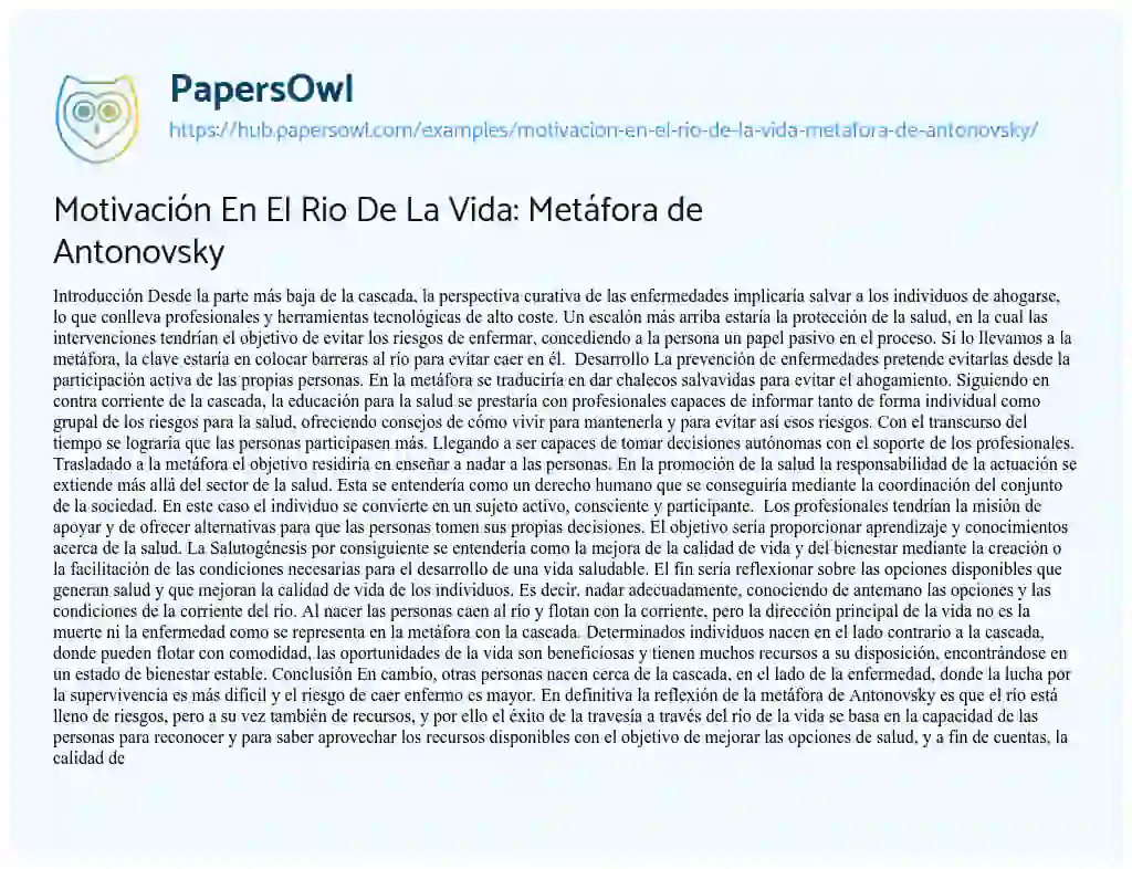 Essay on Motivación En El Rio De La Vida: Metáfora de Antonovsky