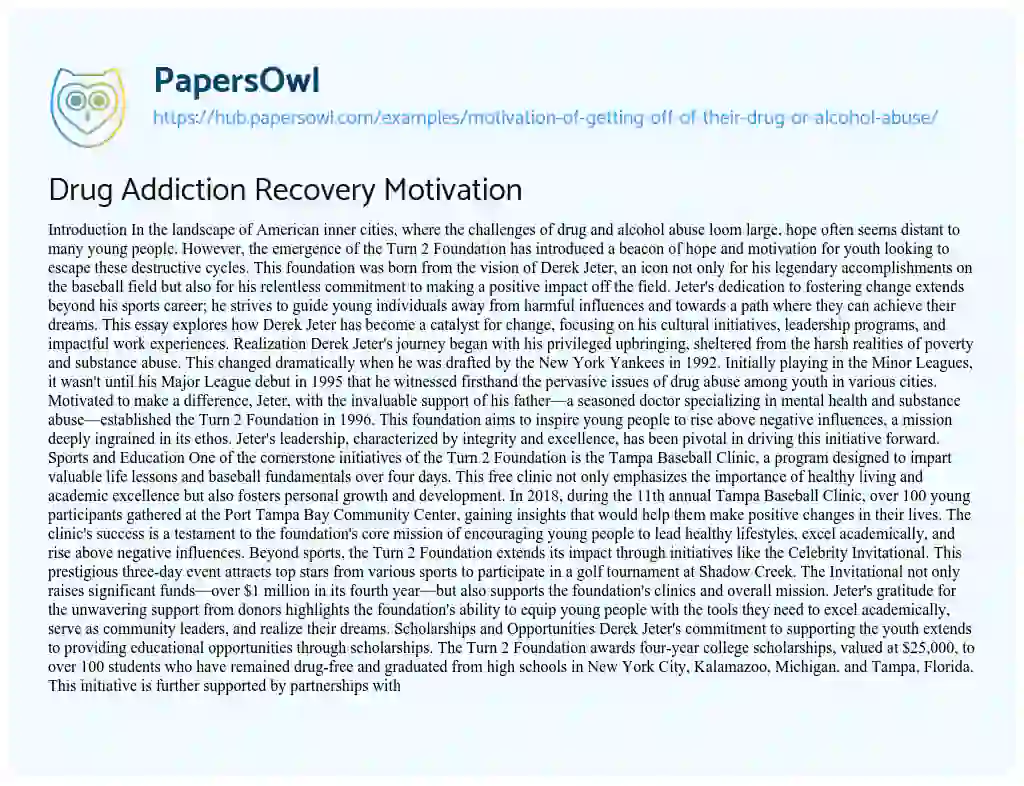 Essay on Drug Addiction Recovery Motivation