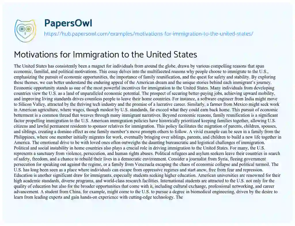 Essay on Motivations for Immigration to the United States