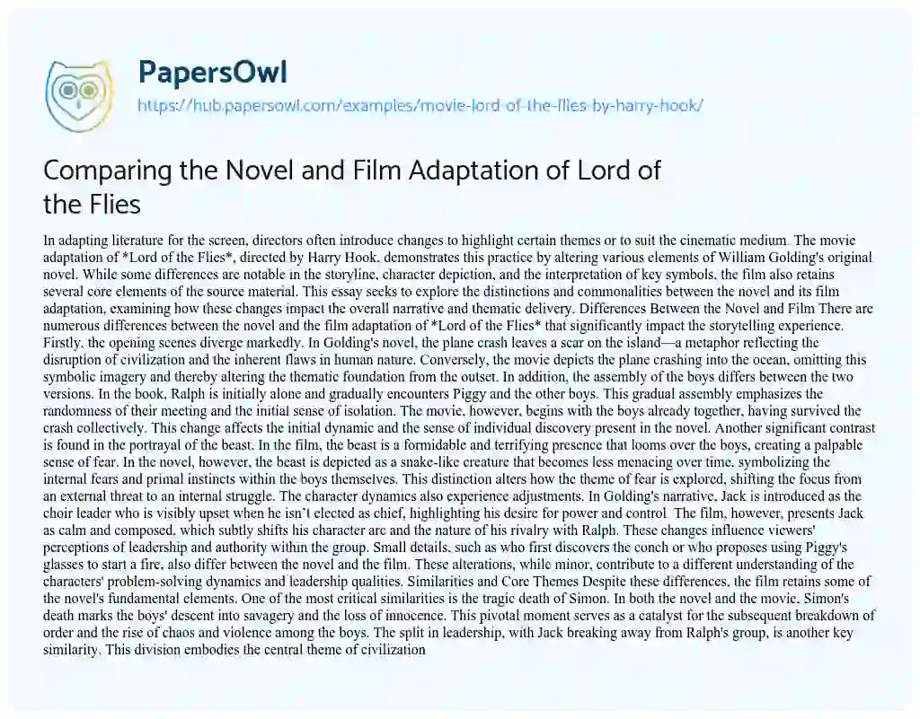 Essay on Comparing the Novel and Film Adaptation of Lord of the Flies