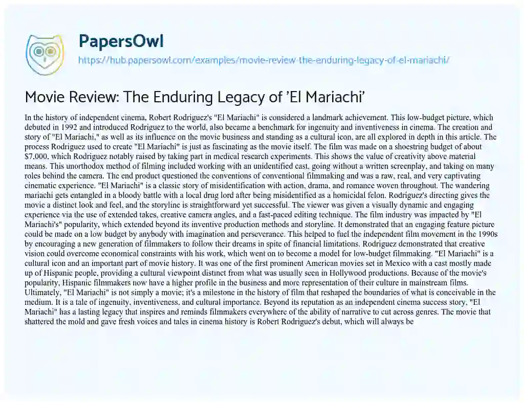 Essay on Movie Review: The Enduring Legacy of ‘El Mariachi’