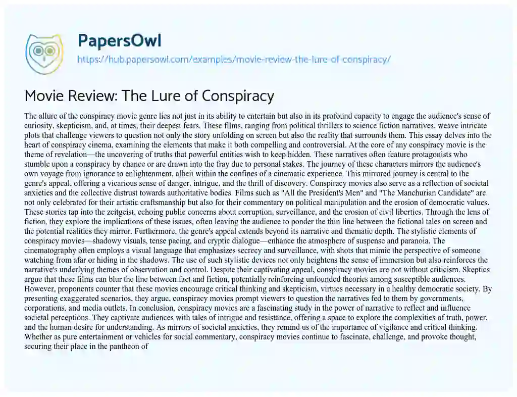 Essay on Movie Review: The Lure of Conspiracy