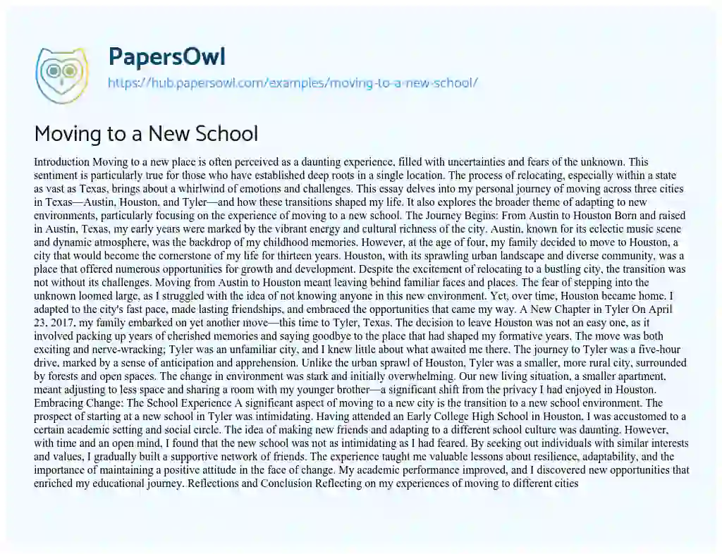 Essay on Moving to a New School