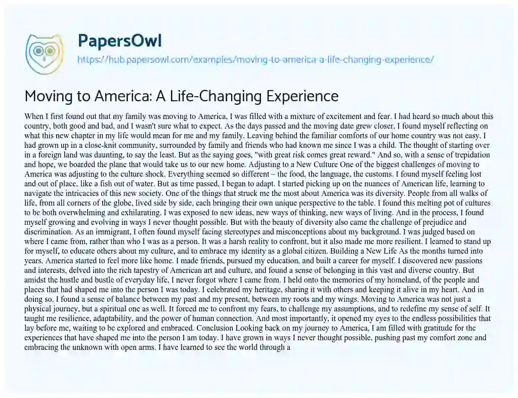 Essay on Moving to America: A Life-Changing Experience